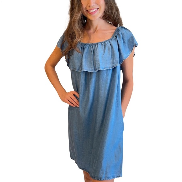 iris Dresses & Skirts - Denim Off the Shoulder Dress with Pockets